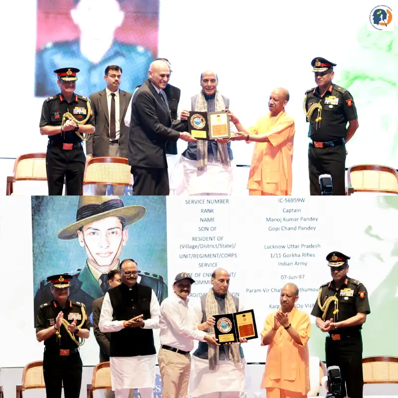 At Times Samman 2026, Hon'ble Defence Minister Rajnath Singh, CM Yogi Adityanath, felicitated Manmohan Pandey and Mukesh Khetarpal, brothers of PVC legends Captain Manoj Kumar Pandey and 2nd Lt. Arun Khetarpal.